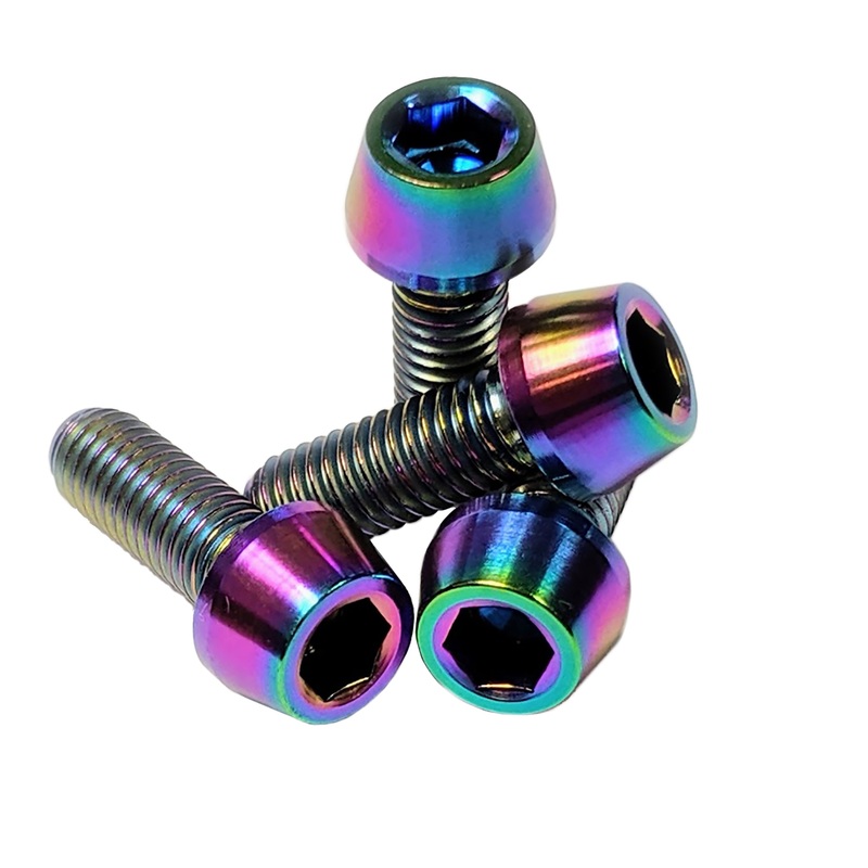 Premium Grade 5 Titanium Bottle Cage Bolts  Lightweight, Corrosion-Resistant, Tapered Head, Oil Slick Finish, High-Performance Cycling Components 8/Count