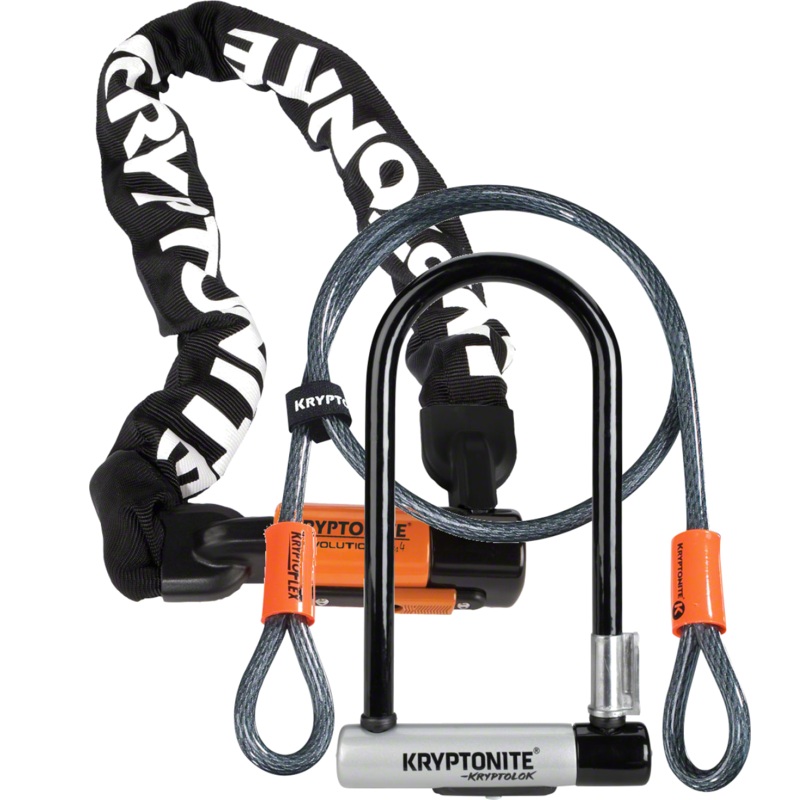 Secure Bicycle Lock Bundle: Kryptonite Evolution 4 Chain & KryptoLok U-Lock with Cables