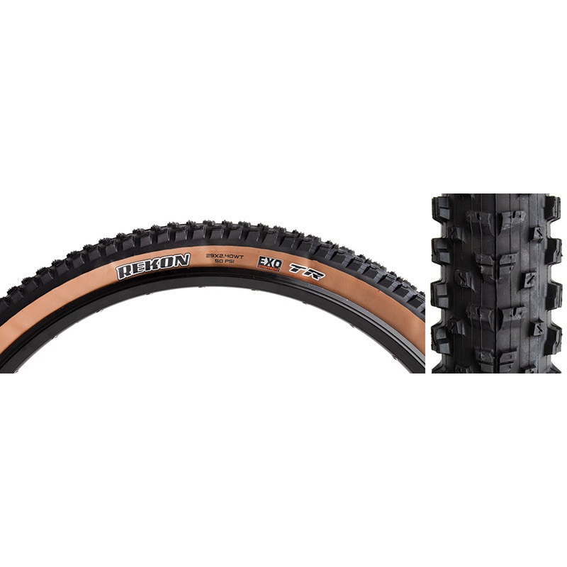 Maxxis Rekon Tire – 29 x 2.4 Tubeless Folding BLK/Dark Tan Dual EXO Wide Trail