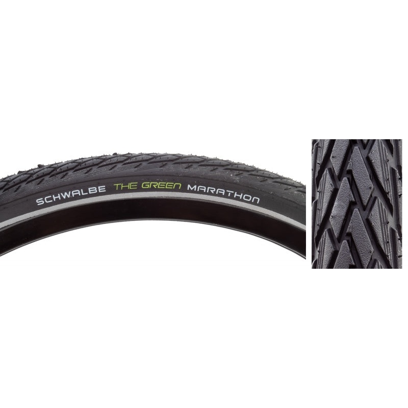 Schwalbe Green Marathon Tire – 26 x 1.50 Clincher Wire BLK/Reflective Performance Line GreenGuard TwinSkin Addix