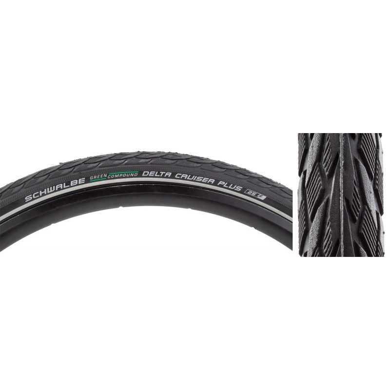 Schwalbe Delta Cruiser Plus Tire – 700 x 35 Clincher Wire BLK/Reflective Active Line PunctureGuard Green Compound E-25