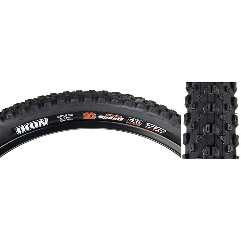 Maxxis Ikon 26″ Folding MTB Tire – EXO Black 2.35″ (3C)MaxxSpeed – (TR)Tubeless Ready – (EXO)EXO Sidewall – 120TPI